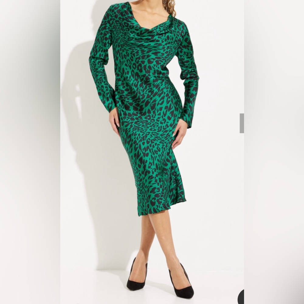 Joseph Ribkoff Elegant Emerald Green Leopard Print Dress. Satin silky material